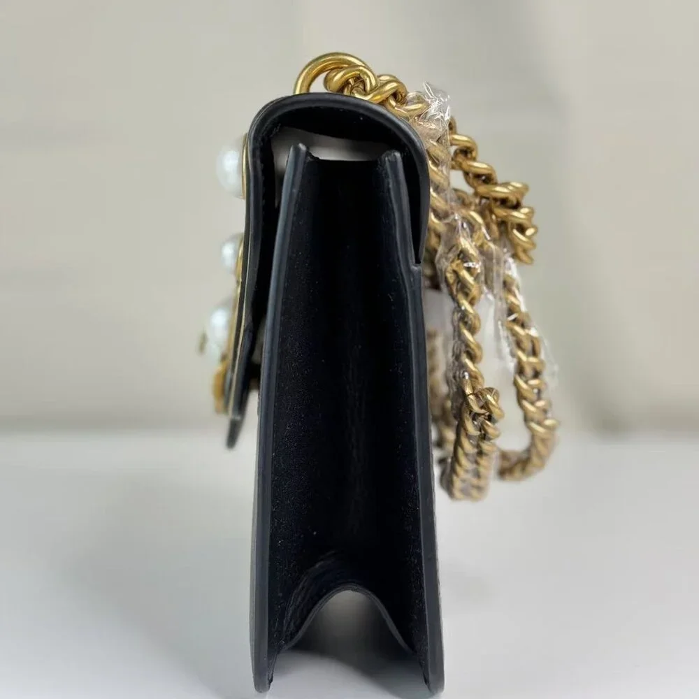 Gucci Black Leather Pearly Peony Chain Shoulder Bag